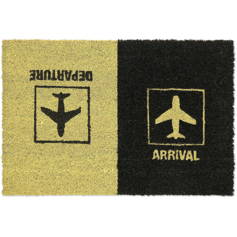 Paillasson coco, «Arrival Departure», tapis de porte motif d'avion, intérieur, extérieur, 40x60 cm, noir/jaune - Relaxdays