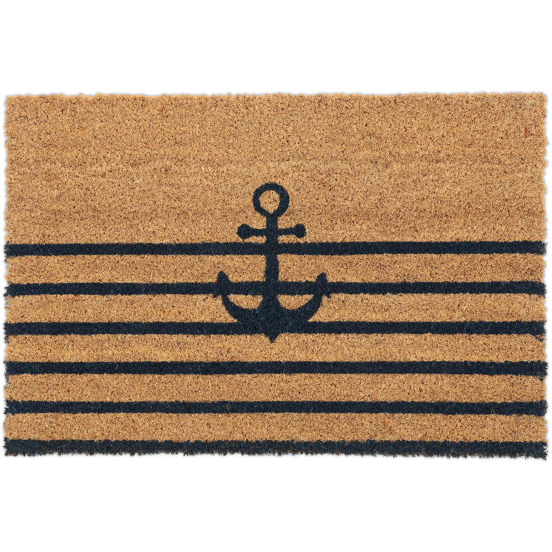 Paillasson coco avec ancre, tapis porte antidérapant, résistant, 40x60cm, intérieur & extérieur, naturel/noir - Relaxdays
