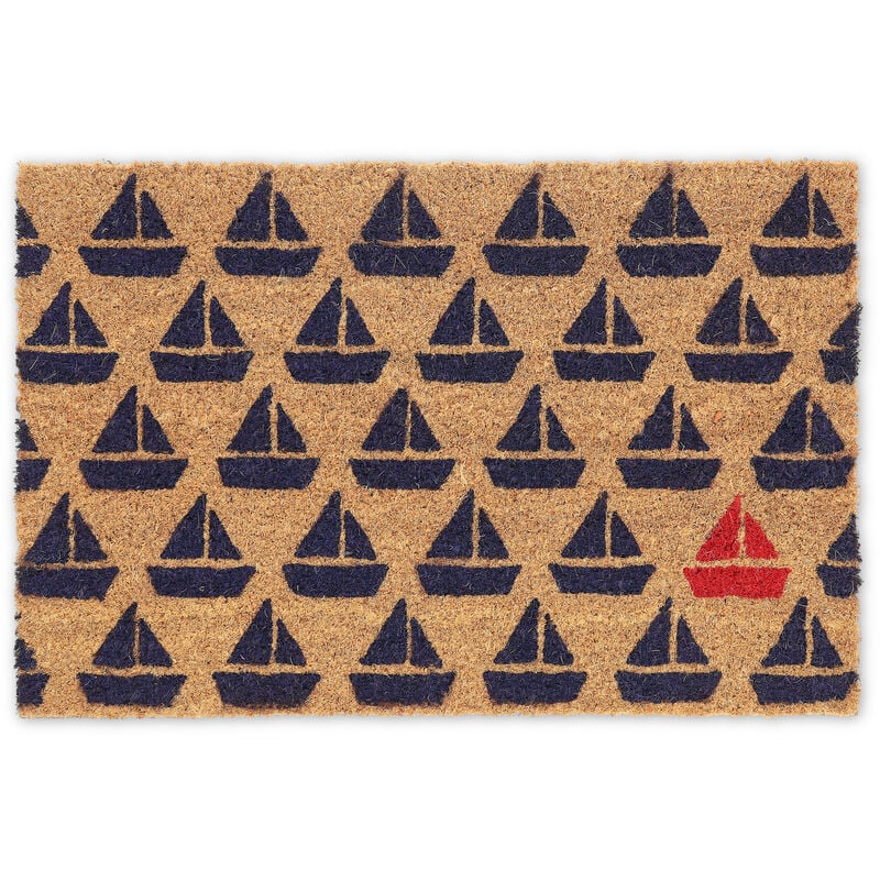 Relaxdays - Paillasson coco, bateaux, 60 x 40 cm, tapis de porte antidérapant, intérieur et extérieur, maritime, coloré