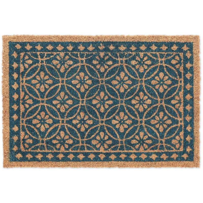 Relaxdays Paillasson coco, design floral, tapis de porte extérieur & intérieur, caoutchouté, 60x40 cm, bleu/nature