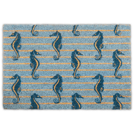   Paillasson coco, hippocampes, rayures, tapis d'entrée extérieur & intérieur, maritime, 60x40 cm, bleu/nature