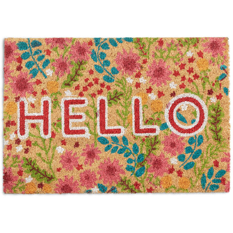 Relaxdays Paillasson coco, inscription hello & motif floral, tapis d’entrée intérieur & extérieur, 40x60cm cm, coloré