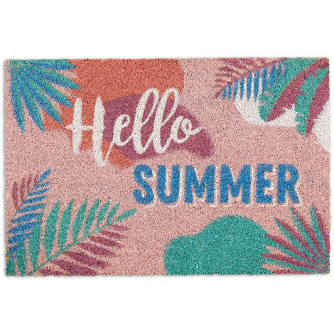 Relaxdays Paillasson coco, inscription Hello Summer, tapis d’entrée intérieur & extérieur, 40 x 60 cm, résistant, coloré