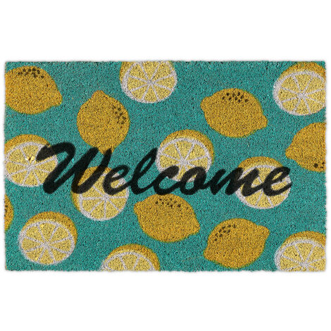 Relaxdays Paillasson coco, inscription welcome & motif citrons, tapis d’entrée intérieur & extérieur, 40x60, vert/jaune