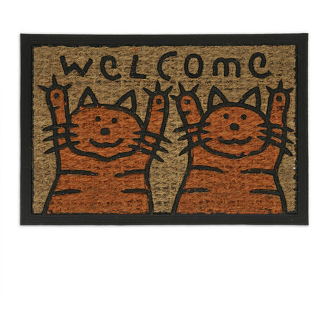   Paillasson coco, tapis d'entrée, Chat Welcome, 60x40 cm, caoutchouc, intérieur, extérieur, orange/nature