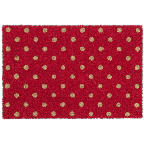 Relaxdays Paillasson, fibres coco, tapis rouge aux pois natures, antidérapant, 40x60 cm, intérieur et extérieur, coloré