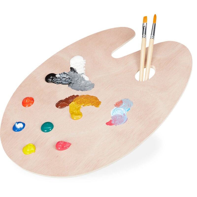 Relaxdays - Palette de peinture en lot de 2, en bois, palette de mélange avec trou, palette pour artistes, LxP: 40 x 30 cm, nature