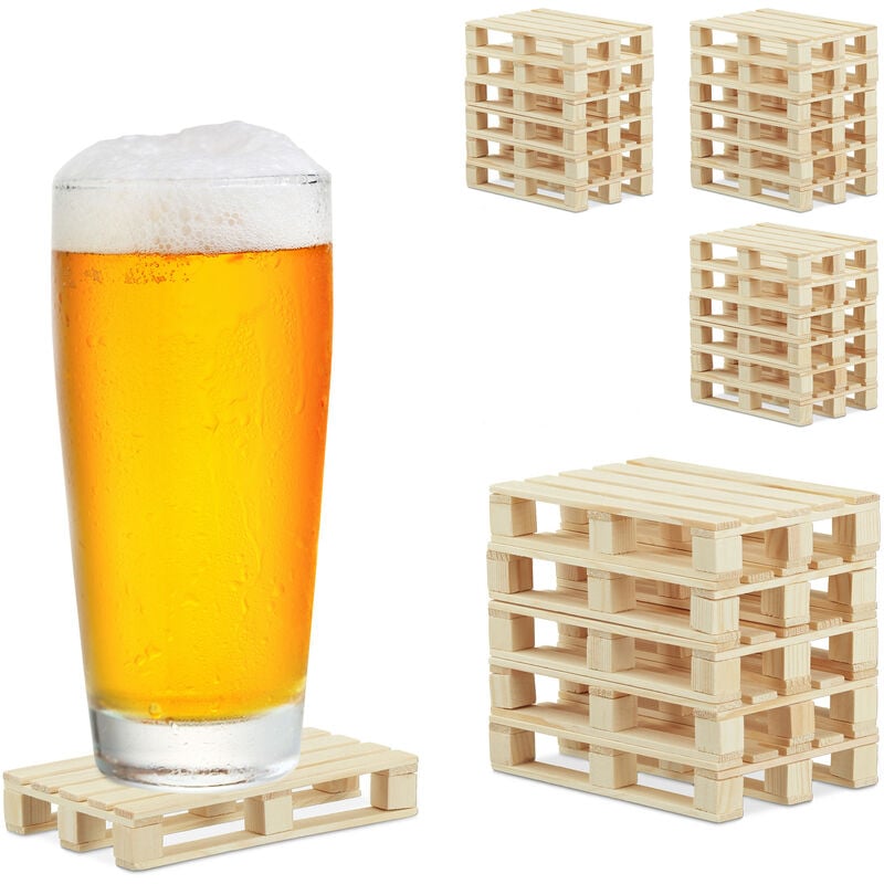 Relaxdays - Set of 24 Pallet Coasters, Mini Wooden Beer Support for Glasses, Cups, 2 x 12 x 8 cm, Natural Colour