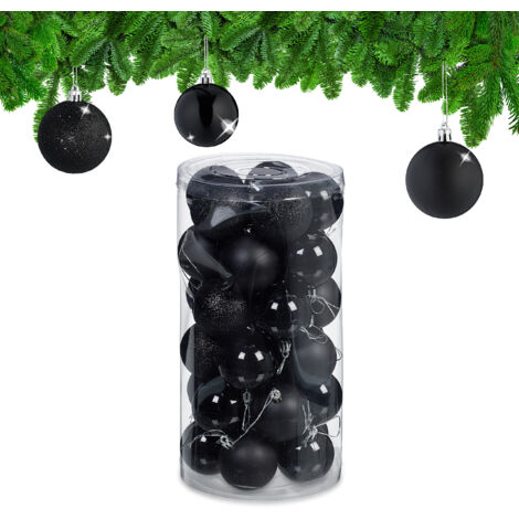 Relaxdays Palline di Natale, Set da 30 Palle Albero, Addobbi Natalizi, Sfere D: 6 cm, in Plastica Infrangibile, Nero