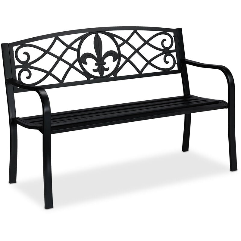 Relaxdays garden bench, Fleur de Lis motif, 2-seater, steel, garden and patio, HxWxD: 86 x 127 x 60 cm, black