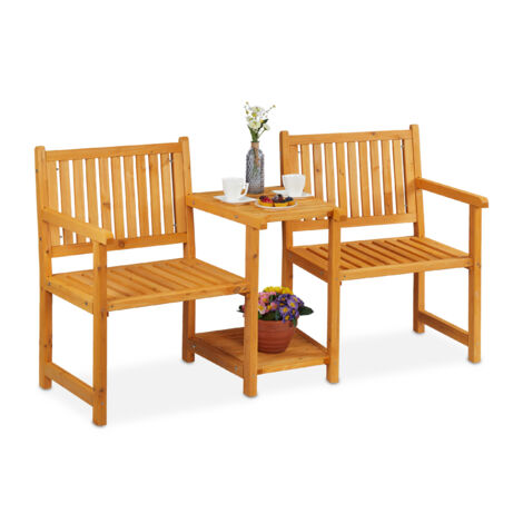 Relaxdays Panca da Giardino con Tavolino Integrato, 2 Posti, Legno Robusto, Panchina Esterno per Blacone, Marrone Chiaro, 86 x 161 x 61 cm