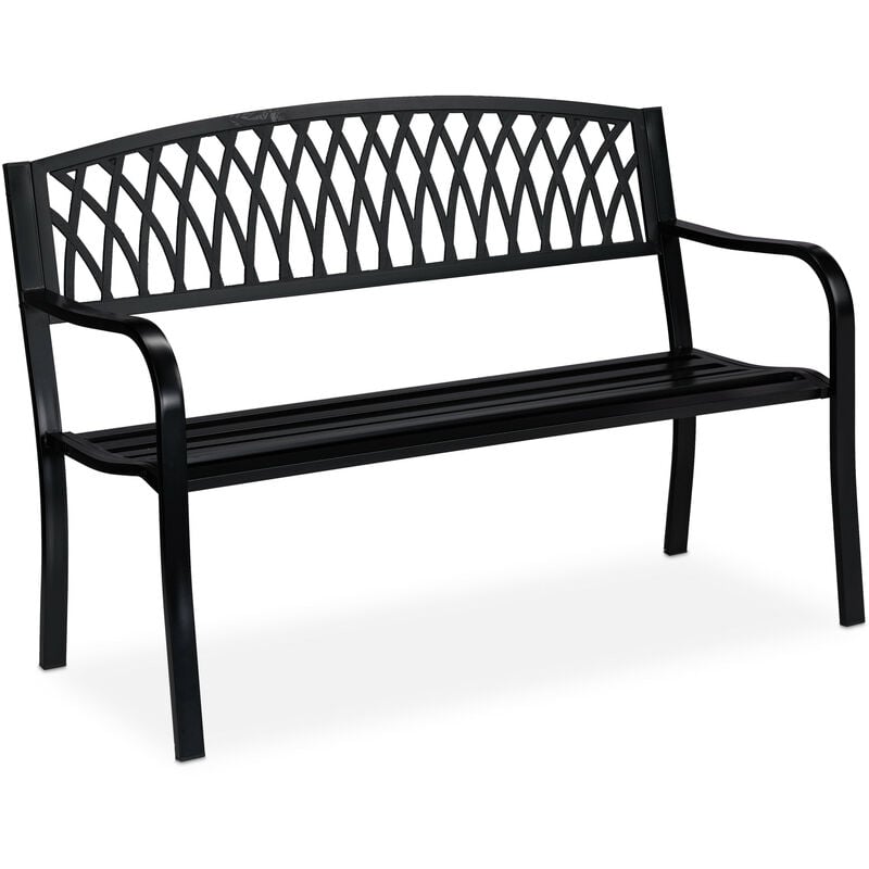 Garden Bench, 2-Seater, Iron, Balcony & Terrace, Backseat with Mesh Ornament, HxWxD: 87 x 127 x 60 cm, Black - Relaxdays