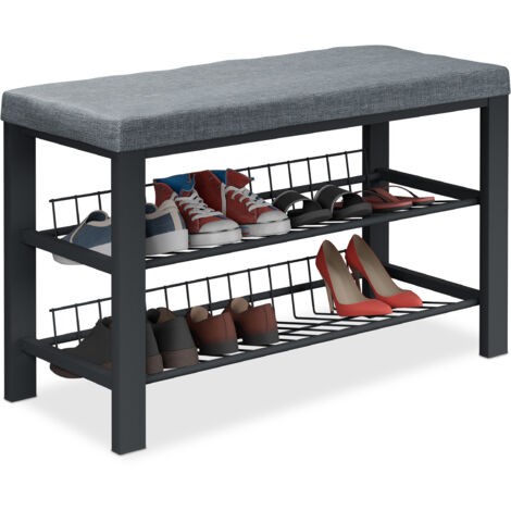 Relaxdays Panca Scarpiera da Ingresso, 2 Ripiani Portascarpe, Panchina Cuscino Imbottito, 50,5x82x33 cm, Nero Grigio