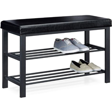   Panca Scarpiera, Mobile Scarpe, Portascarpe con 2 Ripiani, Imbottita, HxLxP: 49x81x31 cm, 10 Paia, Nero