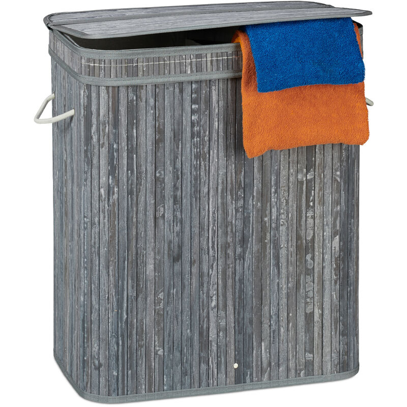 Relaxdays Panier à linge couvercle 2 compartiments corbeille bambou coffre à linge 72 litres, gris