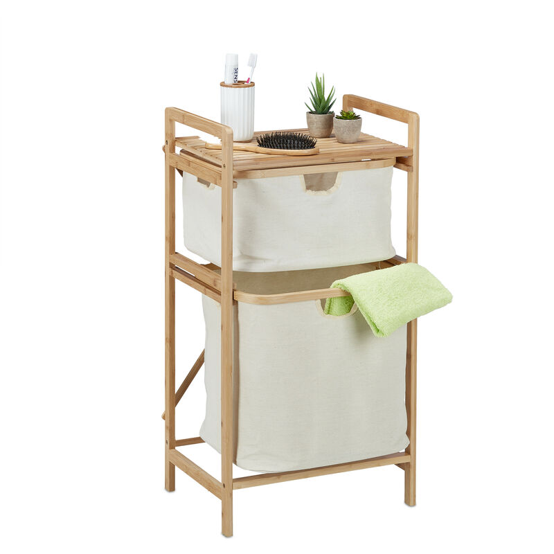 Panier à linge, structure bambou, trieur 2 panières, hlp : 85x44x33 cm, étagère salle de bain, nature-beige - Relaxdays