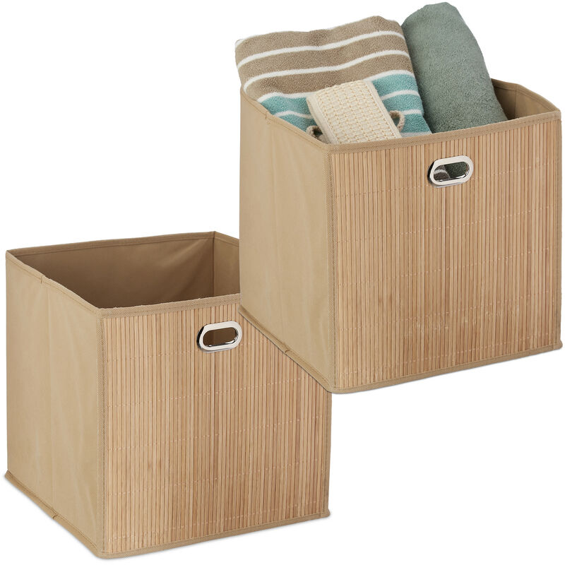 2x paniers de rangement bambou, corbeille de salle de bain carrée, boîte haute, 31 x 31 x 31 cm, pliable, nature