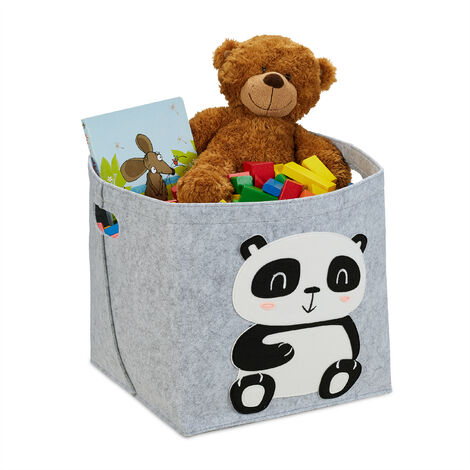 Relaxdays Panier de rangement en feutre, motif panda, caisse tissu pour enfant, HxLxP : 33x34x32 cm, coffre jouets, gris
