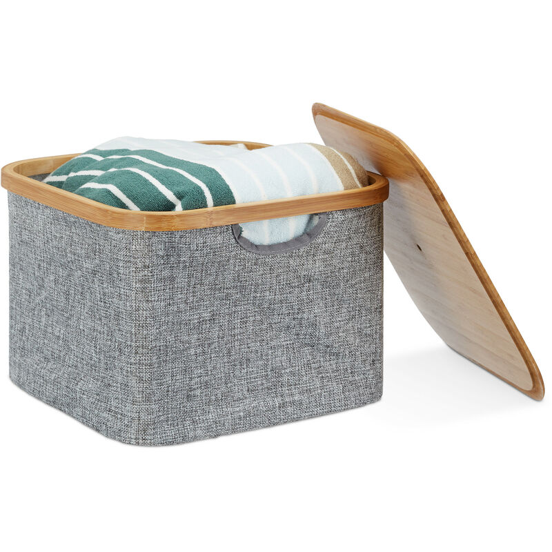 Relaxdays - Panier de rangement en tissu boîte de rangement gris bambou couvercle poignées HxlxP: 25 x 33 x 33 cm, gris