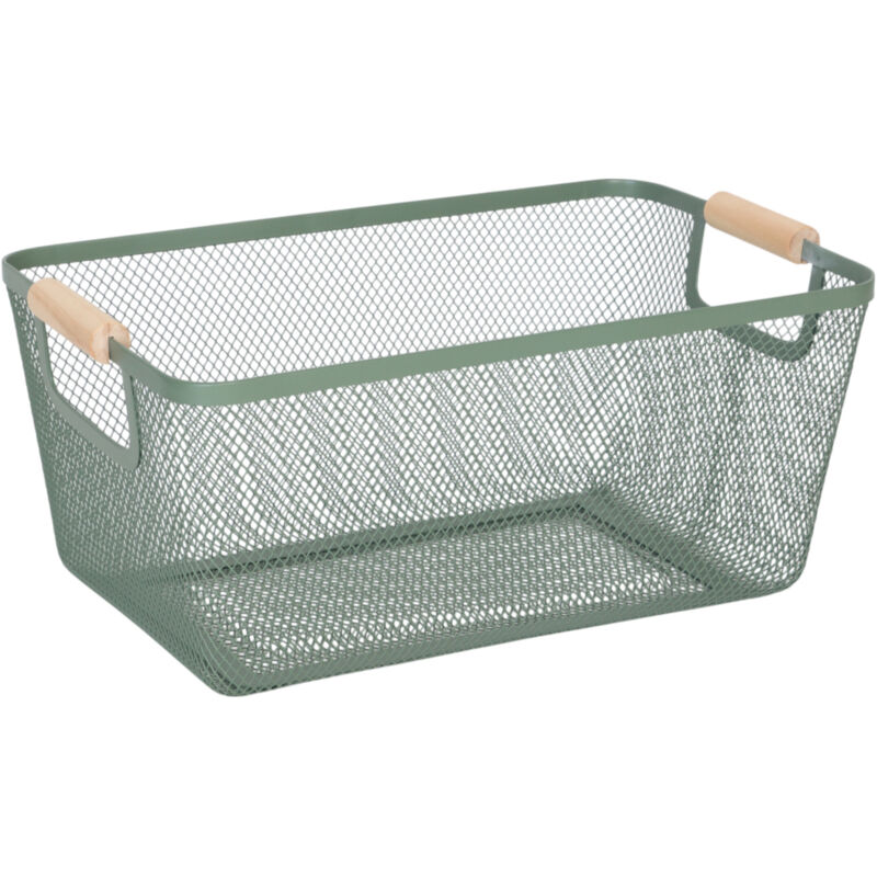 Relaxdays Panier de rangement, poignées en bois, rectangulaire, corbeille en métal, HxLxP : env. 16,5x37x22,5 cm, déco