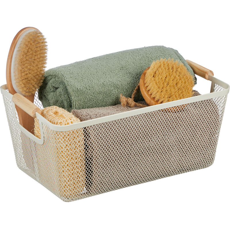 Panier de rangement, poignées bois, rectangulaire, corbeille métal, HxLxP : env. 16,5x37x22,5 cm, déco, blanc - Relaxdays