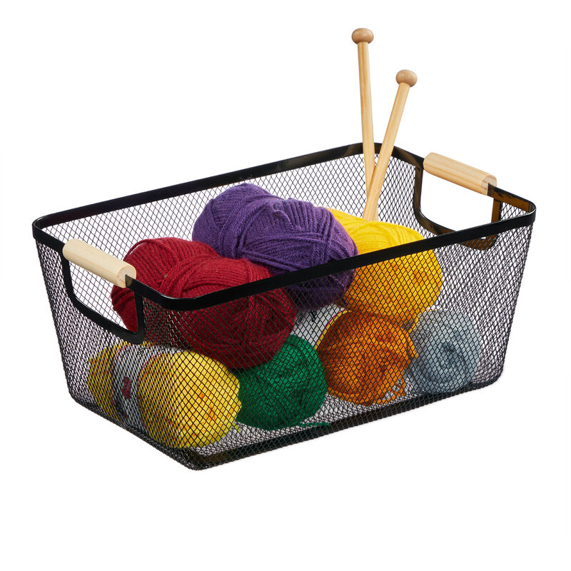 Panier de rangement, poignées bois, rectangulaire, corbeille métal, HxLxP : env. 16,5x37x22,5 cm, déco, noir - Relaxdays