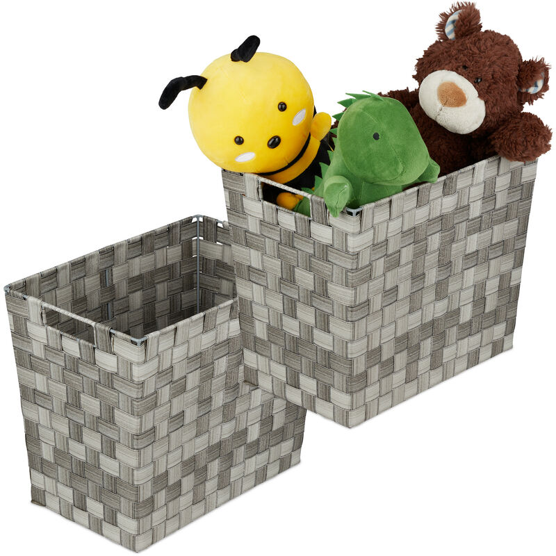 2x Paniers de rangement, tressé, haut, avec poignées, caisse, panière, salle de bain, plastique, hlp 30x36x23 cm, gris