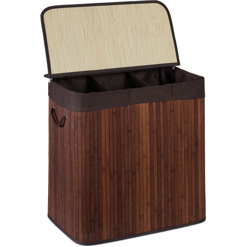 Panier à linge, 3 compartiments, avec couvercle, trieur rectangulaire, HxLxP : 62x62,5x42,5 cm, bambou, marron - Relaxdays