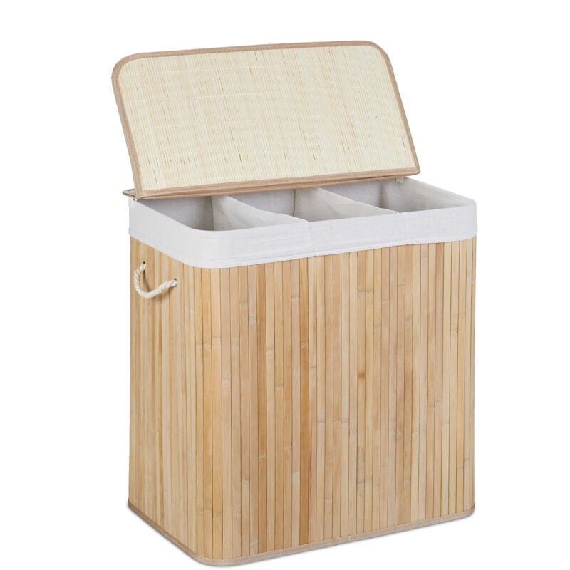 Panier à linge, 3 compartiments, couvercle, trieur rectangulaire, HxLxP: 62x62,5x42,5 cm, bambou, nature-blanc - Relaxdays