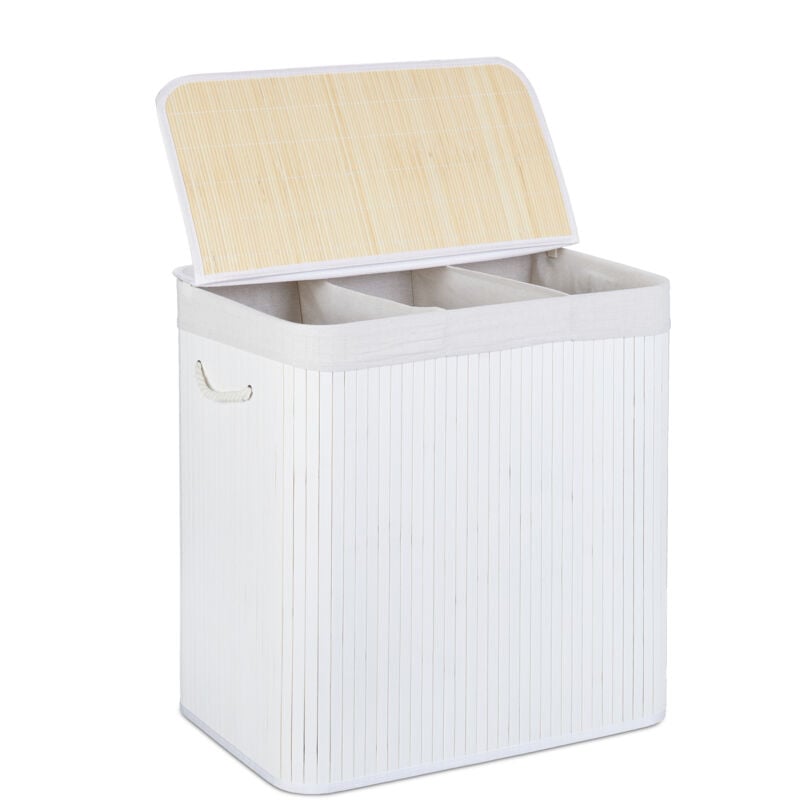 Panier à linge, 3 compartiments, avec couvercle, trieur rectangulaire, HxLxP : 62x62,5x42,5 cm, bambou, blanc - Relaxdays