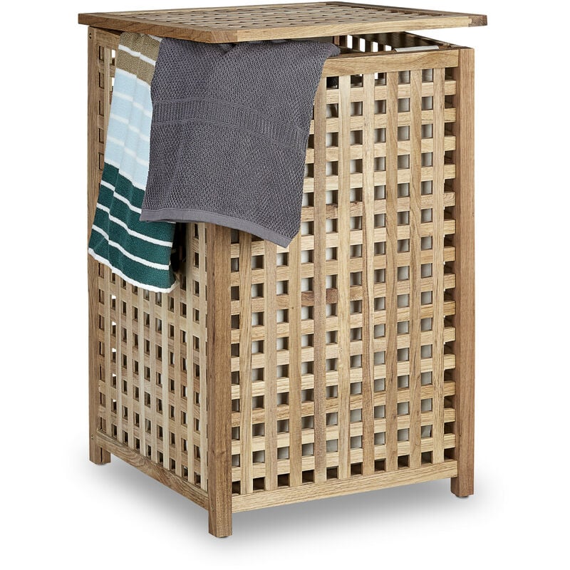 Panier à linge avec couvercle, bois, sac en tissu, capacité 75 l, h x l x p : 67,5 x 45,7 x 45,7 cm, nature - Relaxdays