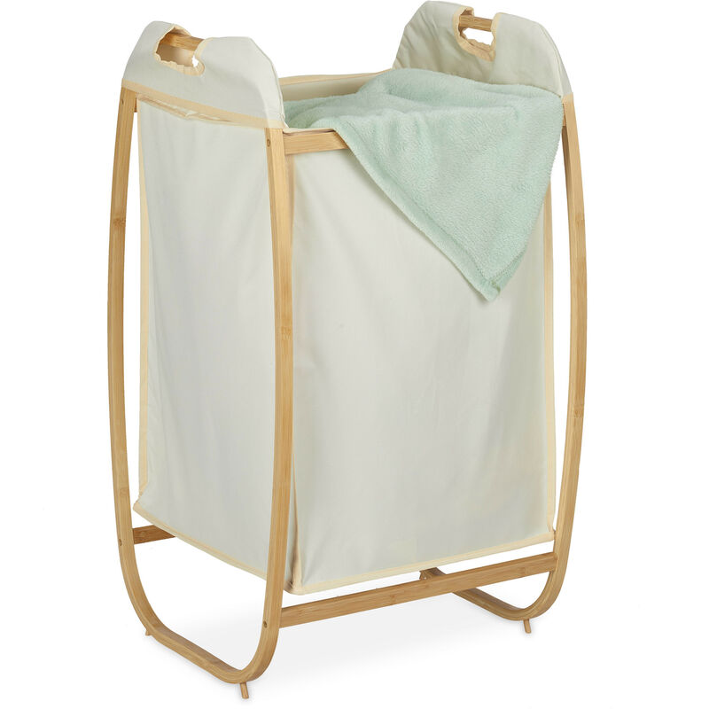 Panier à linge, tissu, cadre en bambou, sans couvercle, 70 l, hlp : env. 80 x 44 x 43 cm, nature et beige - Relaxdays