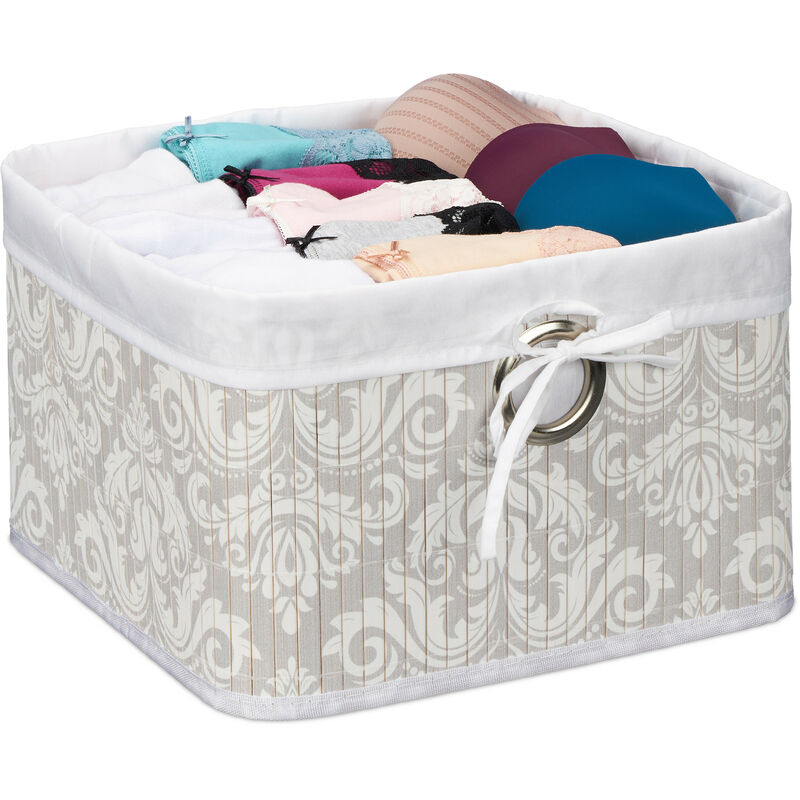 Relaxdays Panier rangement, bambou, insert tissu, salle de bain, HxLxP : 20x31x31 cm, corbeille étagère, gris-blanc
