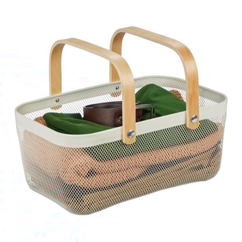 Panier rectangulaire, anses, corbeille de rangement, métal et bois, panière ustensiles, salle de bain, blanc - Relaxdays