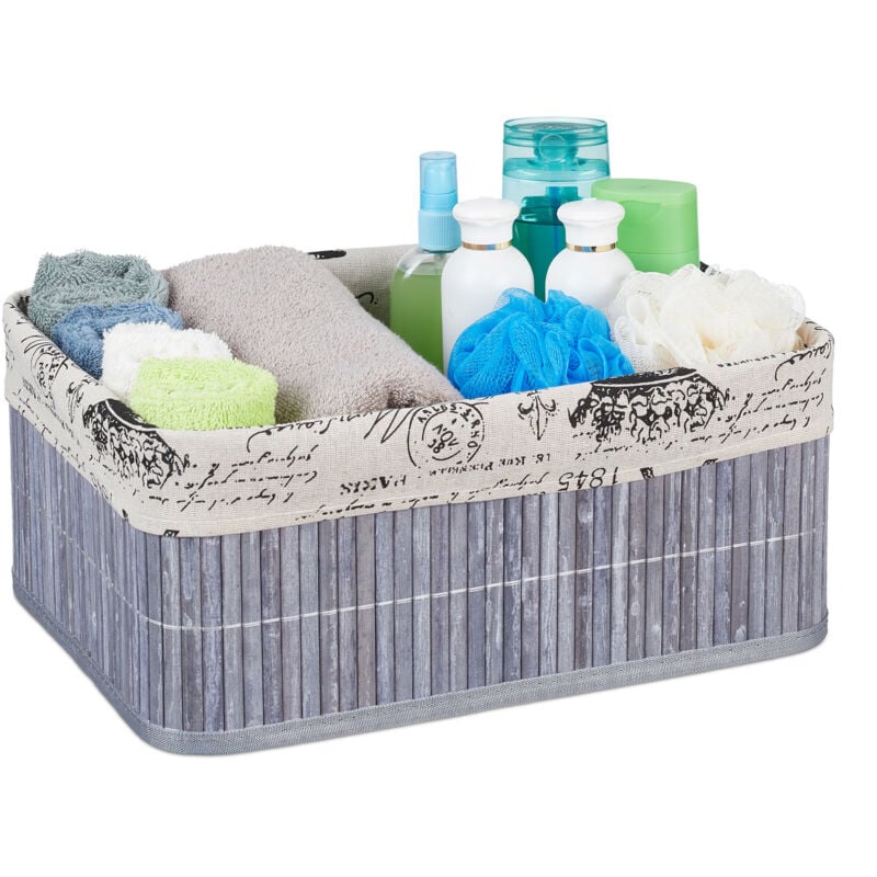 2x Paniers, revêtement en tissu, bambou, rectangulaire, corbeille, panier salle de bain 16,5x38x28,5 cm, gris