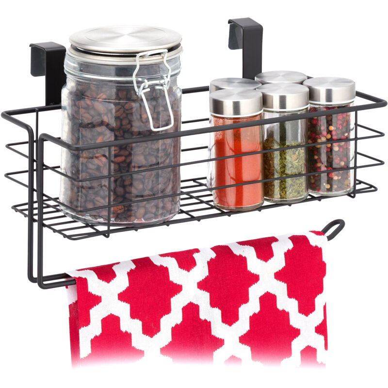 3x paniers suspendus avec porte rouleau de cuisine, rangement, cuisine et bain, métal, HxLxP : 18 x 31 x 17 cm, noir