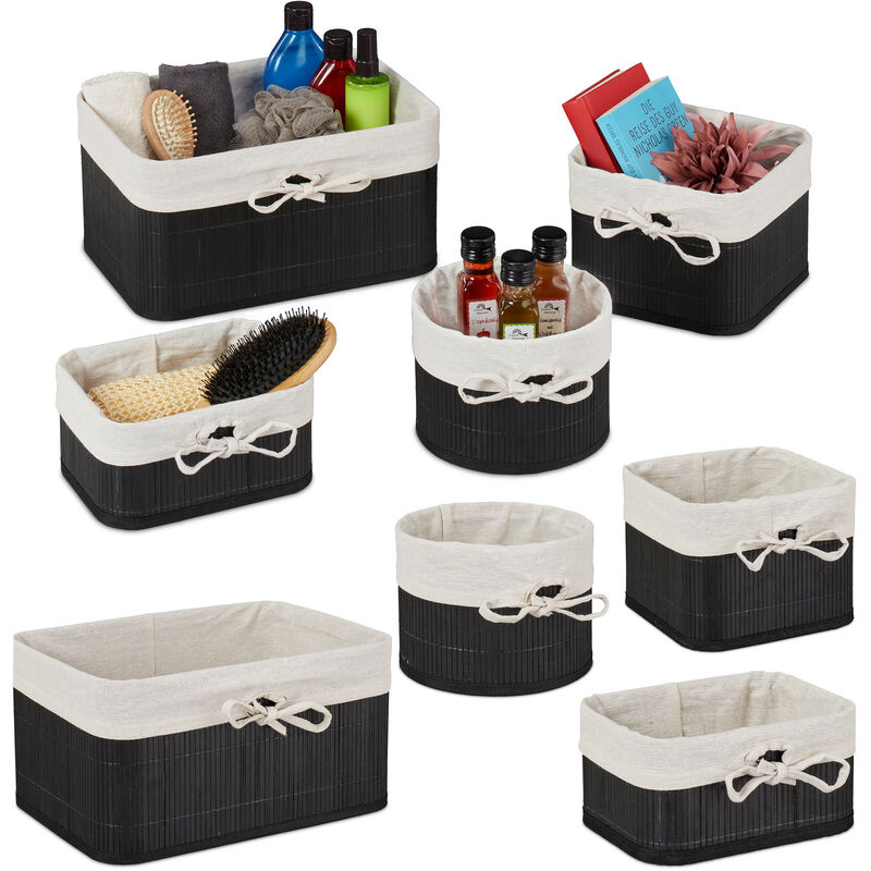 Lot 8 Paniers de rangement, bambou, intérieur tissu, corbeilles salle de bain, armoire, 4 tailles, noir-creme