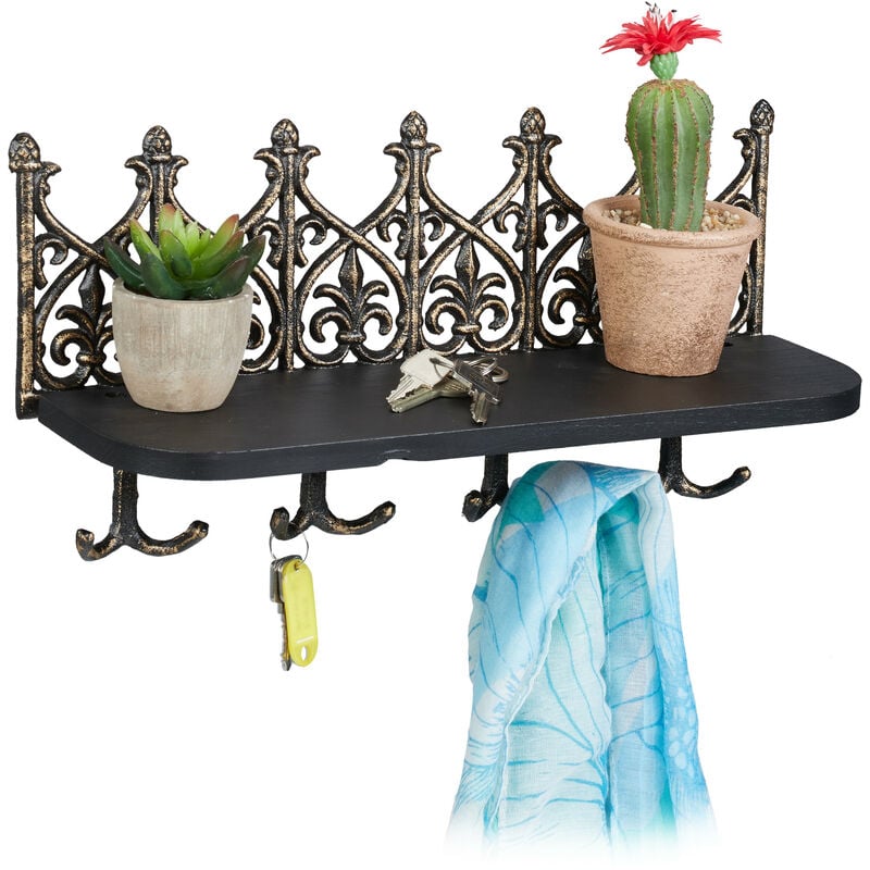 Panneau à clés avec étagère, porte-clef mural 8 crochets, fonte, armoire clef vintage, entrée, couloir, bronze - Relaxdays