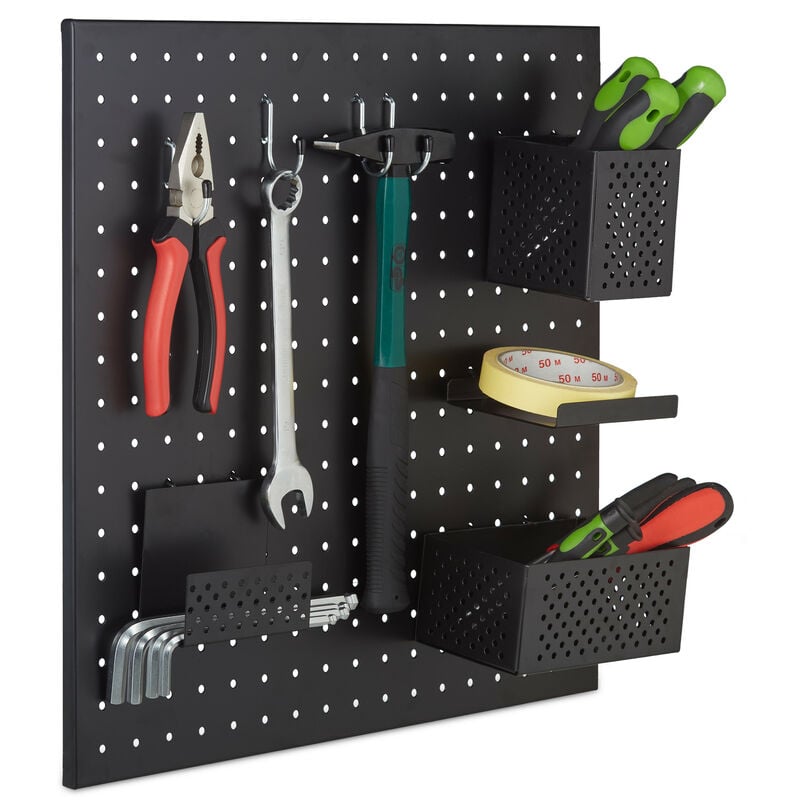 Panneau perforé, système de rangement pour outils, h x l : 45 x 45 cm, en lot de 9 accessoires, couleur noir - Relaxdays