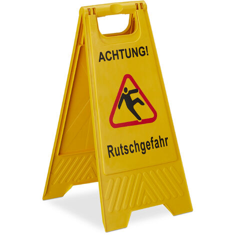   panneau sol glissant, pliant, pancarte, texte (en allemand) sur les deux côtés, chevalet attention, jaune