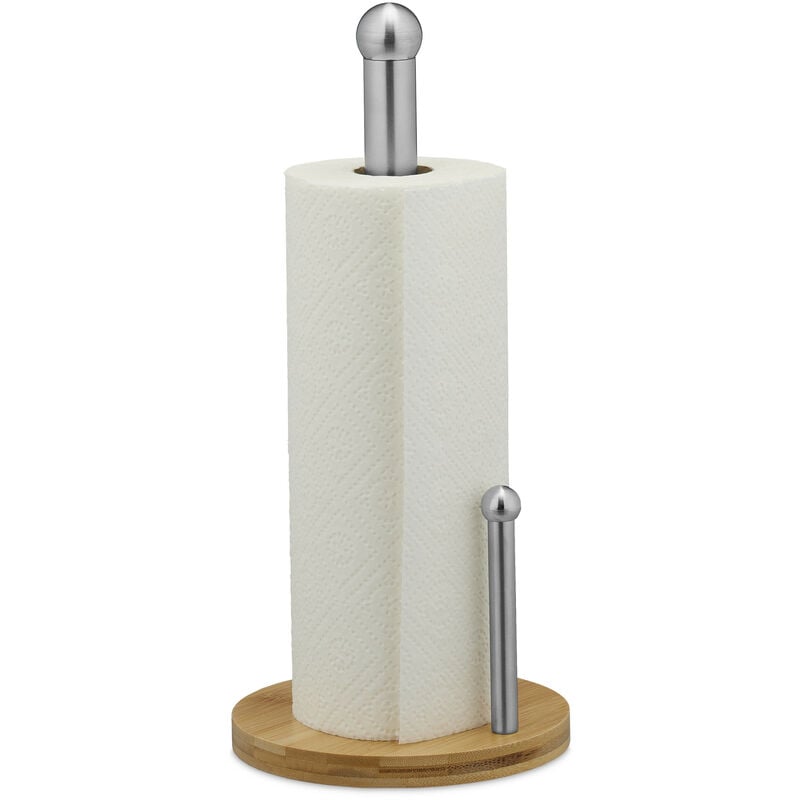 Paper Towel Roll Holder, Bamboo, Stainless Steel, Kitchen Rack with a Stopper, HxØ: 35x16 cm, Natural/Silver - Relaxdays