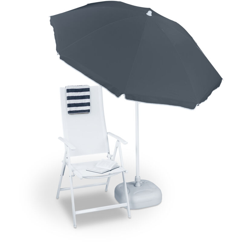 Parasol, ø 180 cm, hauteur réglable, inclinable, rond, polyester, acier, jardin, balcon, terrasse, plage, gris - Relaxdays