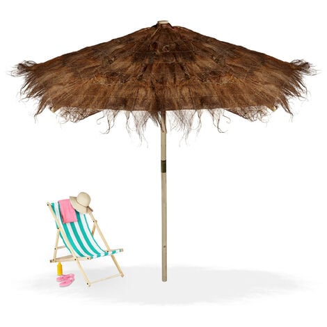Relaxdays Parasol style Hawaii, fabriqué main, HxD: 250x247 cm, sapin et fibres palmier, résiste aux intempéries, marron