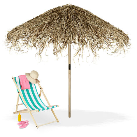 Relaxdays Parasol style Hawaii, fait main, plage, sapin, palmier, HxØ : 250x222-238 cm, résiste aux intempéries, nature