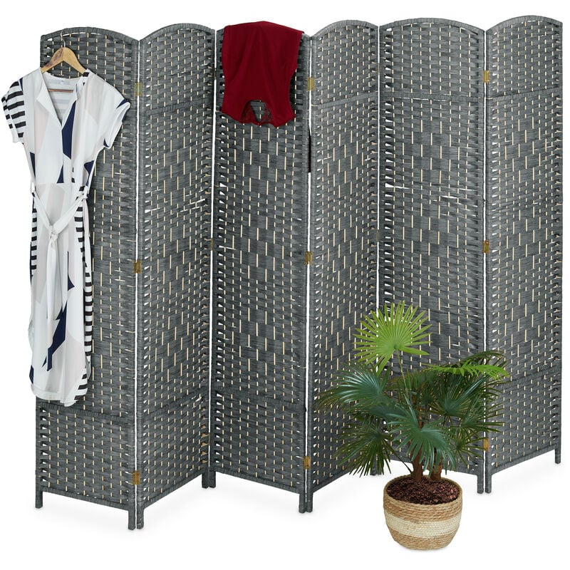 Paravent à 6 volets, séparateur de pièces pliable, bois, corde papier, hl : 170 x 241 cm, pour intérieur, gris - Relaxdays