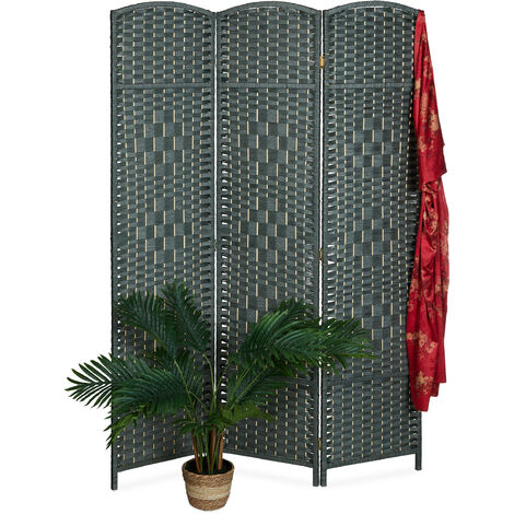 Relaxdays Paravent en 3 éléments, 170x120 cm, salon, chambres, décoratif, design tressé, bois, papier, intérieur, gris