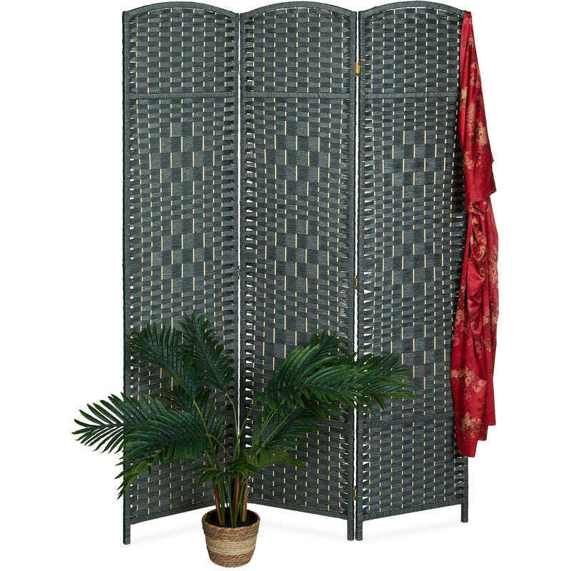 Paravent en 3 éléments, 170x120 cm, salon, chambres, décoratif, design tressé, bois, papier, intérieur, gris - Relaxdays