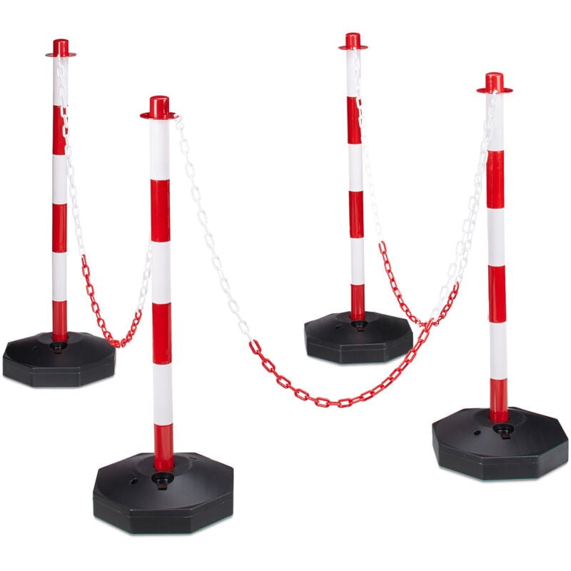 Relaxdays - 4x post bollards with 3 chains, plastic, base to be filled with water or sand, security, red and white