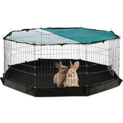 Relaxdays Parque para Mascotas con Cubierta de Red, Suelo, 8 Paneles, Conejos, Cobayas, Corral de 60x150x150cm, Plateado