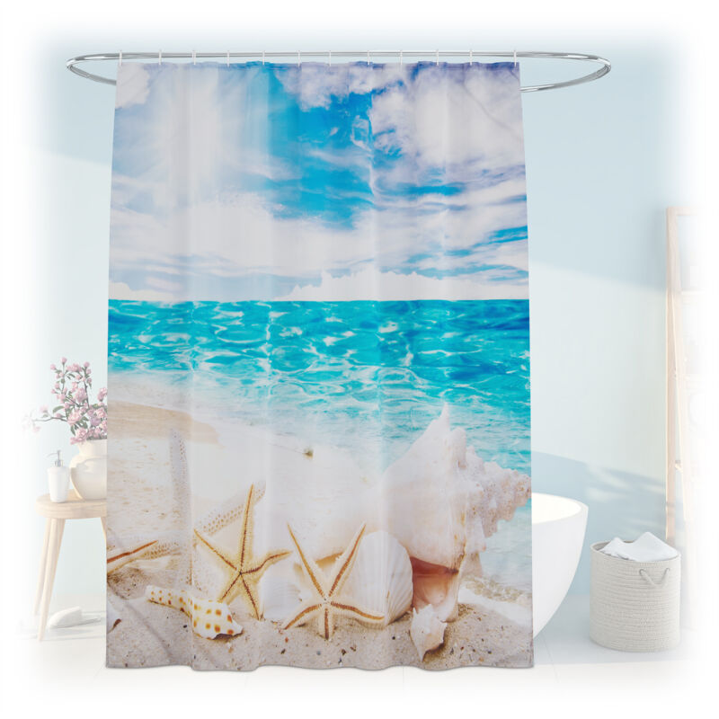 Shower Curtain, Seashells, 180 X 200 Cm, Mould Resistant, Washable, 12 Rings, For Bathtub, Multicoloured - Relaxdays